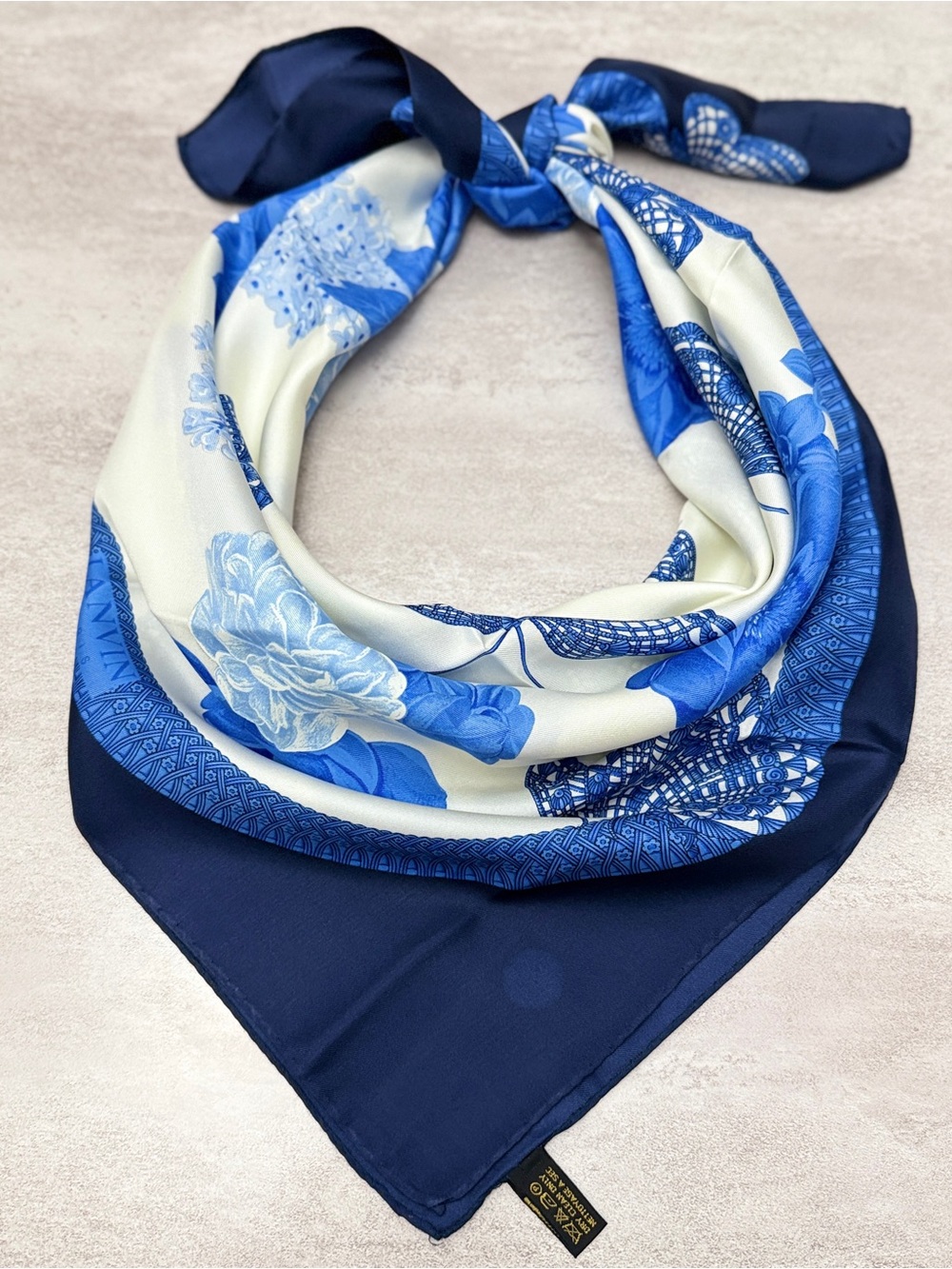 Lanvin Blue and White Floral & Butterfly Silk Scarf